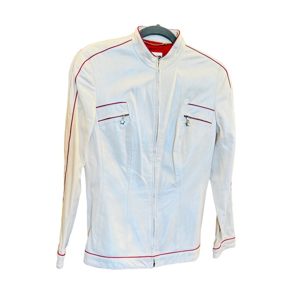 Vintage ESCADA White Bomber 100% Leather Jacket Size 38 Zipped Closure